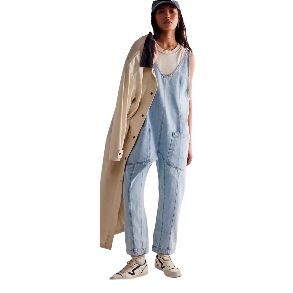 We The Free Free People Denim Jumpsuit High Roller Medium Patch Pockets Light Wa